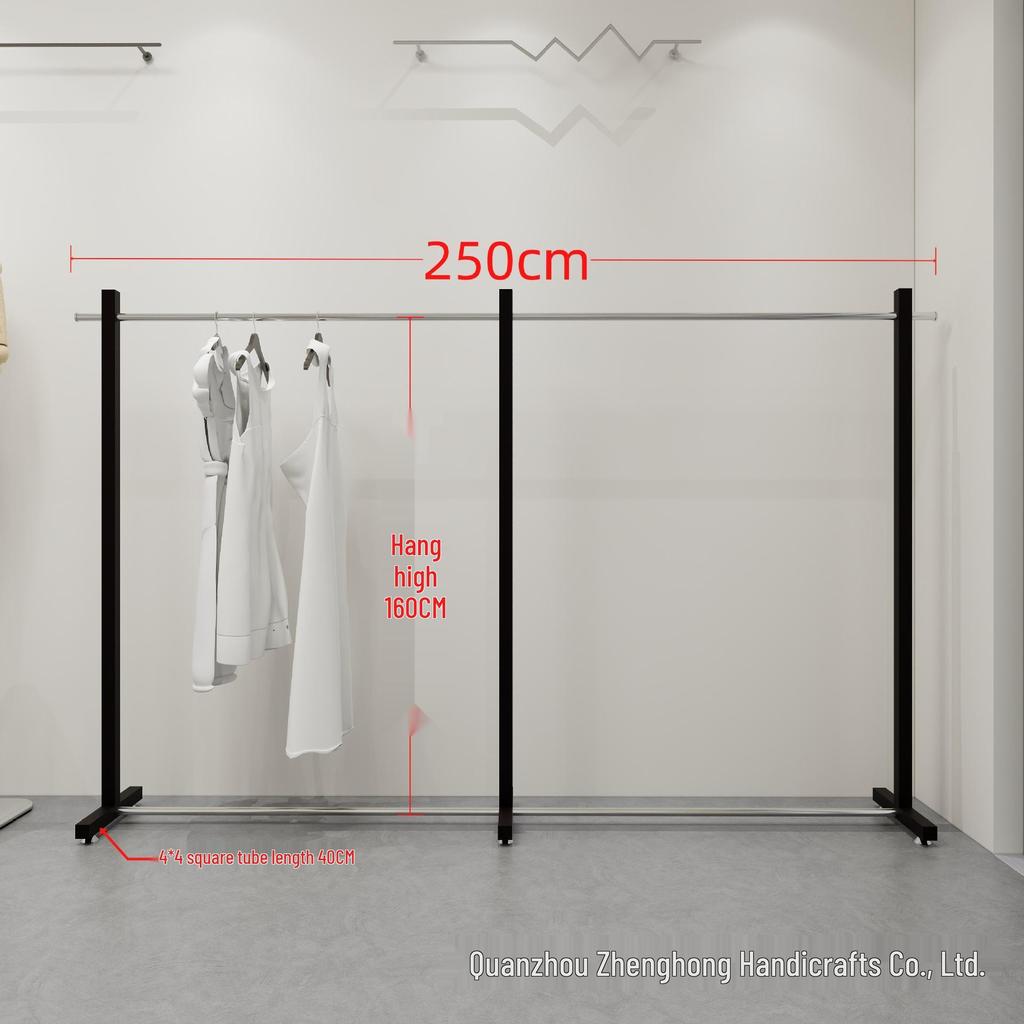 Black Stainless Steel Floor-Standing Garment Display Rack for Women's Clothing Store