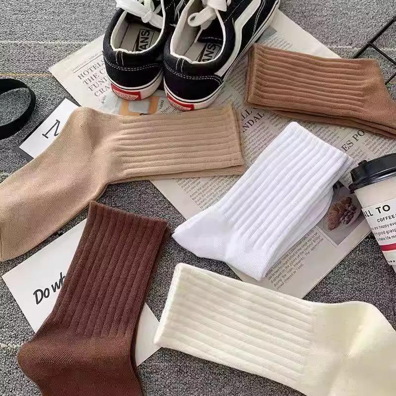 6 Pairs Women's Casual Comfortable Mid Length Socks Spring Summer Fashionable Versatile Solid Color Long Tube Sports Socks