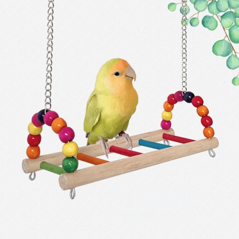 Multi Functional Bite Resistant Parrot Swing Colorful Hanging Beads Bird Wooden Bird Cage Standing Interaction