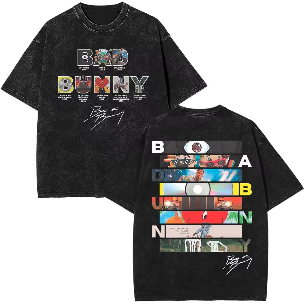 Rapper Bad Bunny Tour Debi Tirar Mas Fotos DTMF Merch Tshirts Men Fashion Summer Hip Hop Vintage Washed Tshirts Streetwear