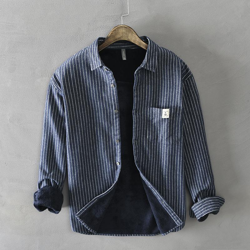 Winter Warm Men Shirt Daily Casual Men Tops Korean Style Striped Fleece Shirt Lapel Collar Brushed Button Up Shirt