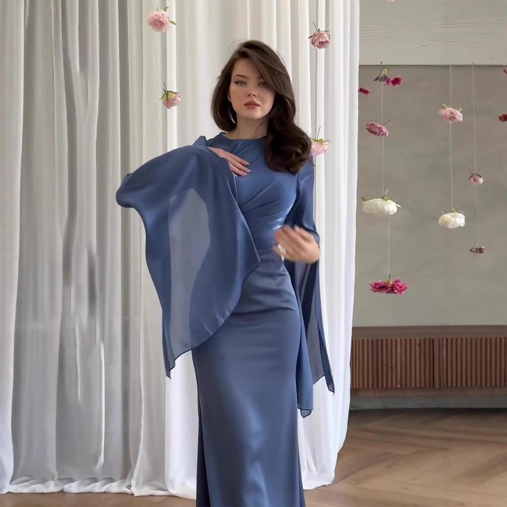 2024 Summer Patchwork Tulle Long Satin Slimming Dress with Large Sleeves