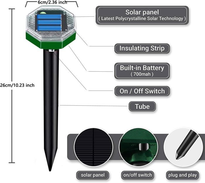 Solar Mole Repeller, 8 Pieces Solar Ultrasonic Mole Repeller, IP65 Waterproof Ultrasonic Mole Repellent, Outdoor Snake Repellent