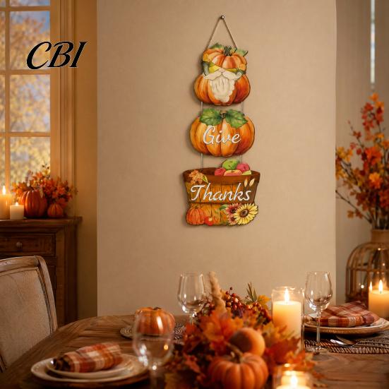 Porch Entrance Autumn Decor Thanksgiving Pendant, Durable Wooden Fall Decoration, Pumpkin And Fruit Basket Give Thanks Hanging Sign Printed,