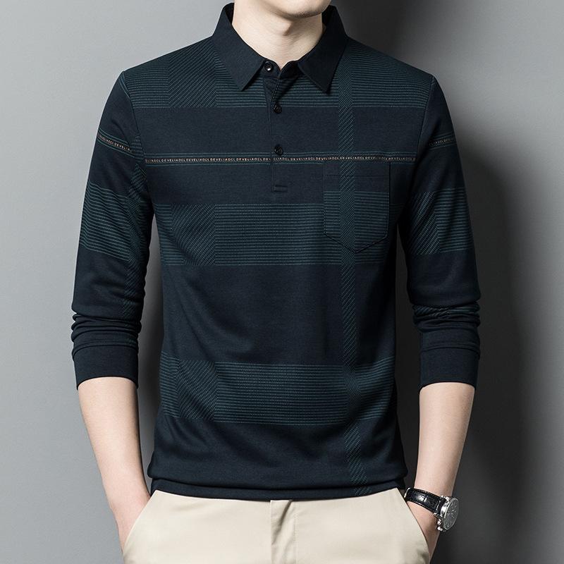 Long-sleeved T-shirt Men's POLO Shirt Thin Pocket Top Spring and Autumn Bottoming New Caring Shirt Dad Men's T-shirt