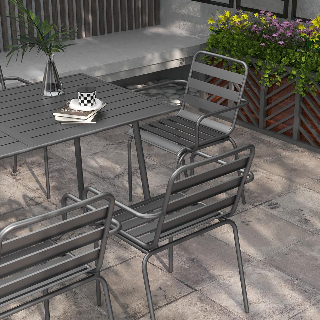 Garden Furniture Set 7-Piece Garden Dining Set with 1 Table and 6 Stackable Chairs in Steel Dark Gray