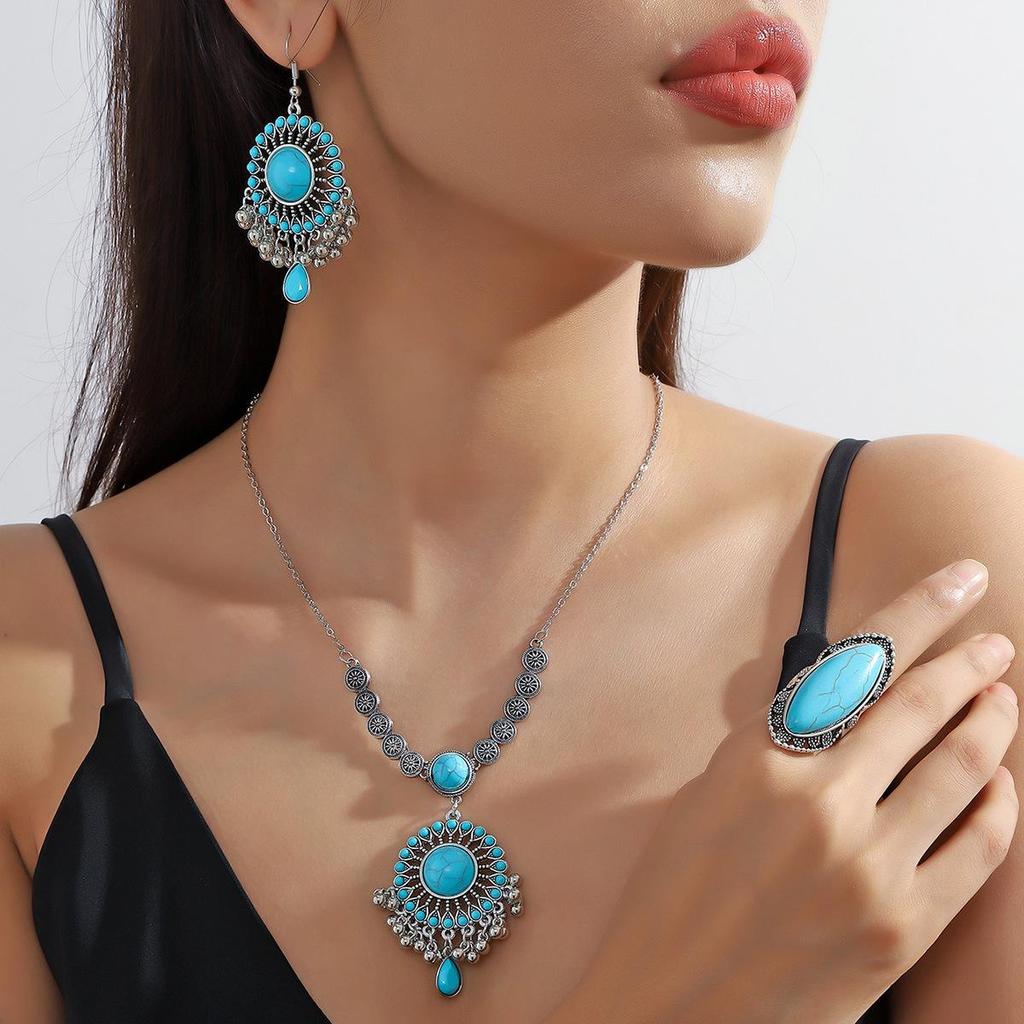 Retro Ethnic Turquoise Bohemian Earrings, Rings, and Necklace Set for Women