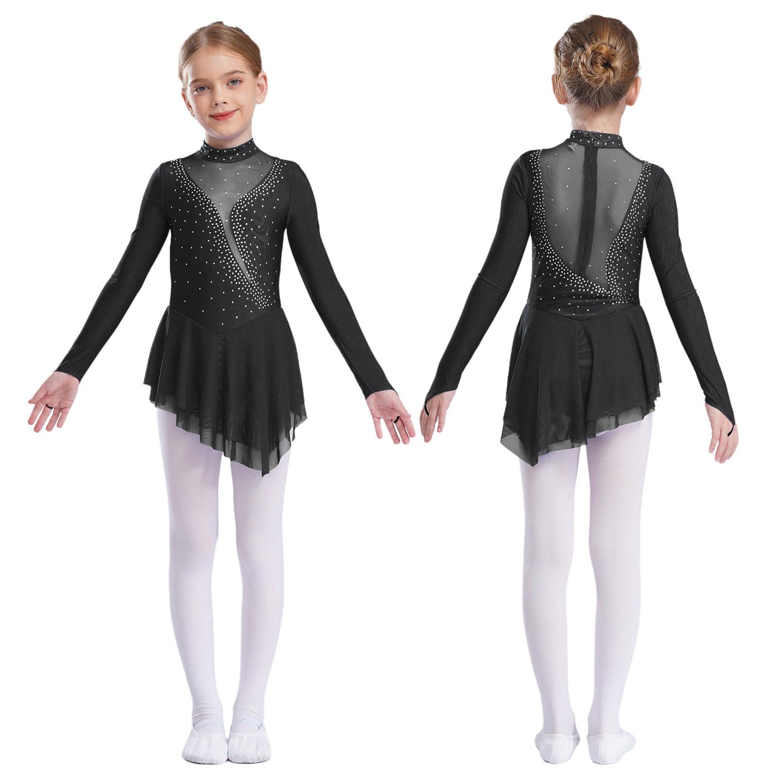 Daenrui Kunstschaatsjurk voor meisjes, lange mouwen, onregelmatige zoom, leotardjurk, podiumkostuum 9-10 Years zwart
