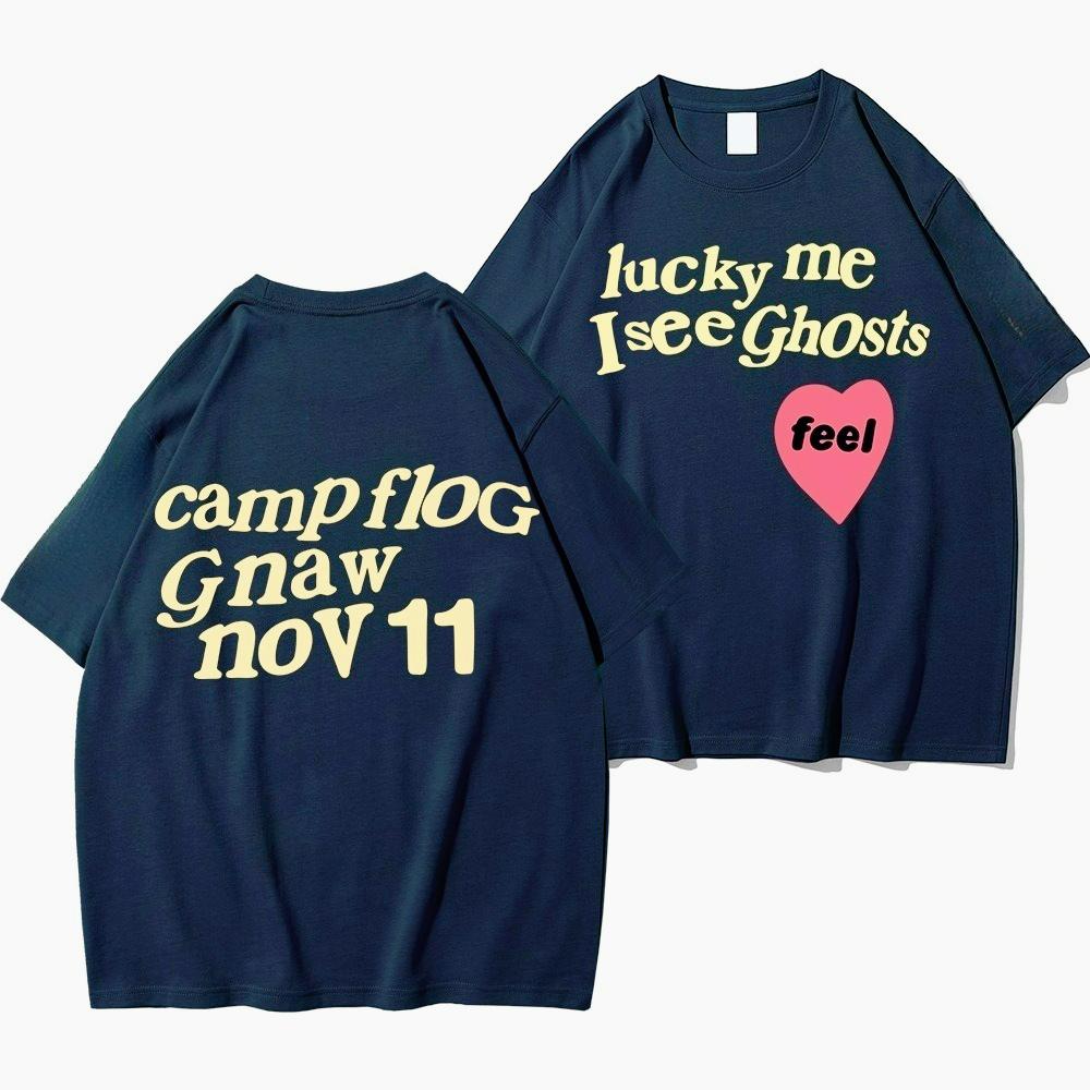 

Уличные футболки в стиле Канье Уэста для мужчин, свободные, оверсайз, с короткими рукавами, с принтом Lucky Me I See Ghosts, хип-хоп одежда для женщин 4XL