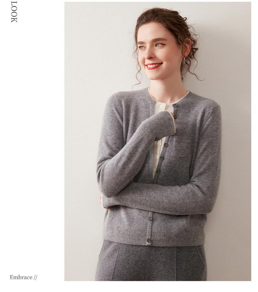 Women's Autumn/Winter Round Neck Single-Breasted Color-Block Cashmere Cardigan - Long Sleeve, Short Knit Sweater, Fake Two-Piece Design.