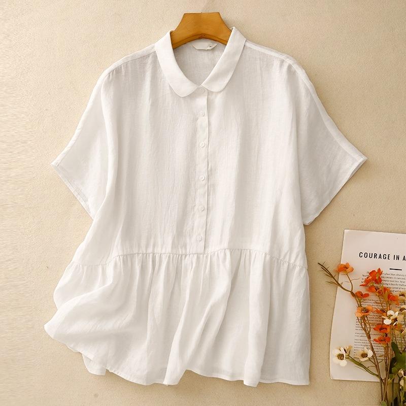 

2025 Лето Новая Повседневная Однотонная Рубашка Из Хлопка и Льна Женская Свободная Универсальная Рубашка Поло С Коротким Рукавом Пуловер 2XL белый