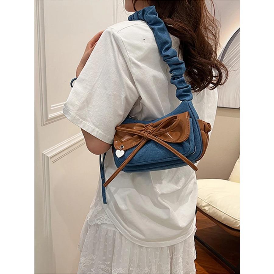 Fashion Pleated Bow Women Bag  Summer Simple All-Match Zipper Shoulder Bags Lady Denim Small Handbag