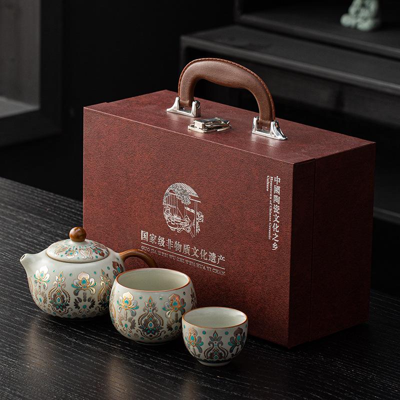 Dunhuang gold and silver wrong beam pot, one pot, four cups of bronzing and silver gift box, hospitality, business gifts, kung fu tea set