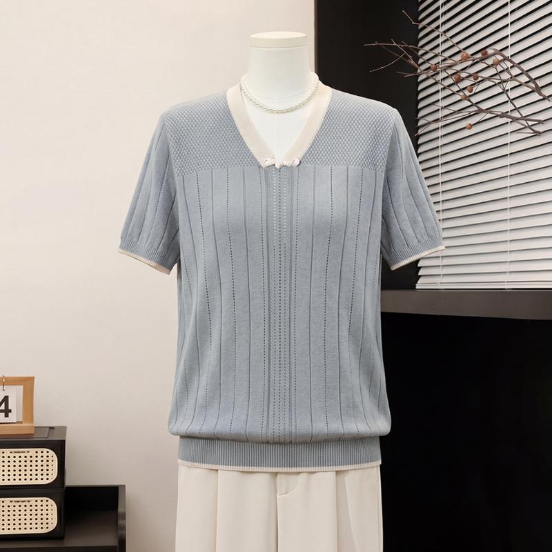 Yuzhaolin Elegant V-Neck Vertical Stripe Knit Top 3XL