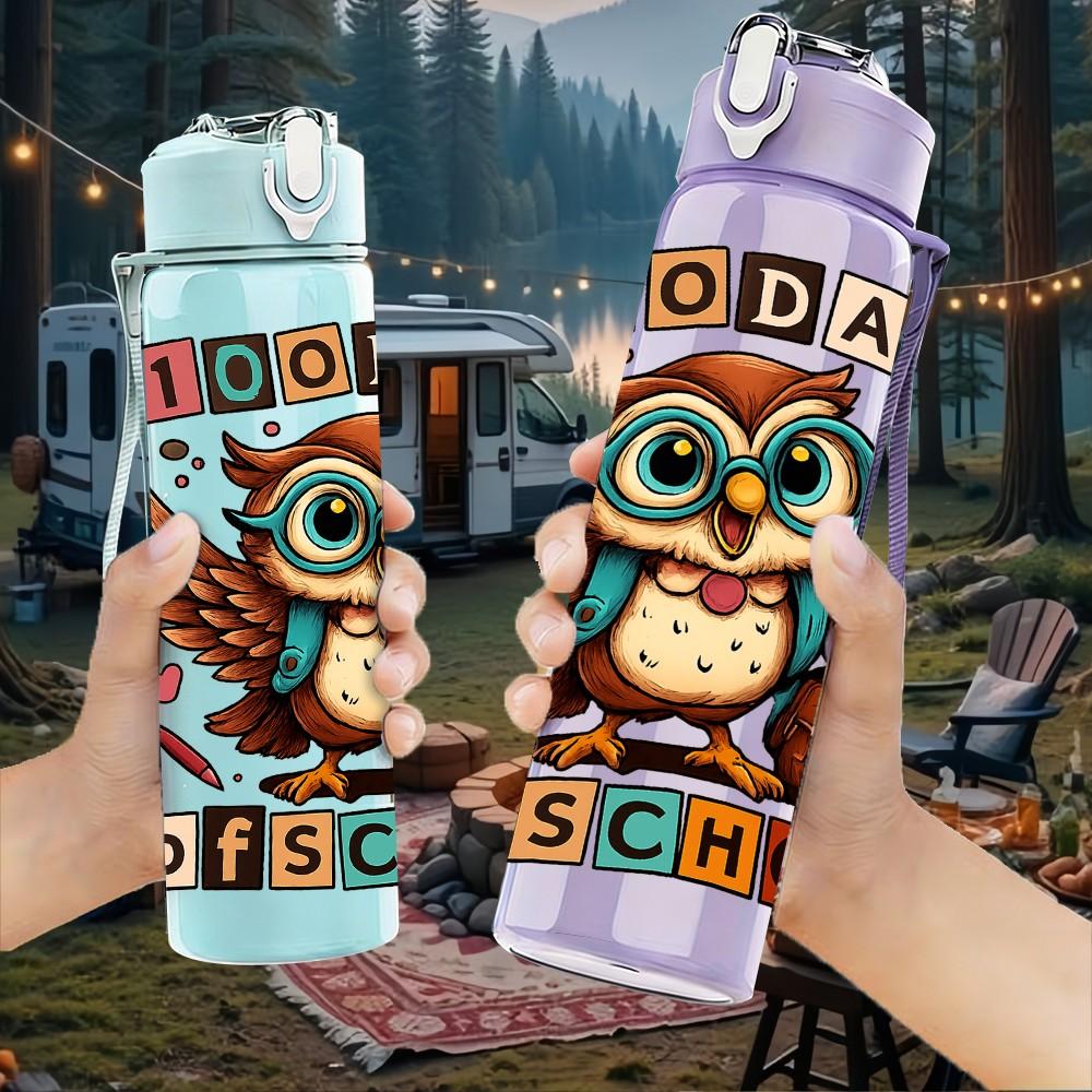 1PC Back To School Owl Text Print 750ml Color Plastic Sports Water Bottle Leakproof Flip Straw Lid Suitable for Sports Office Home Use