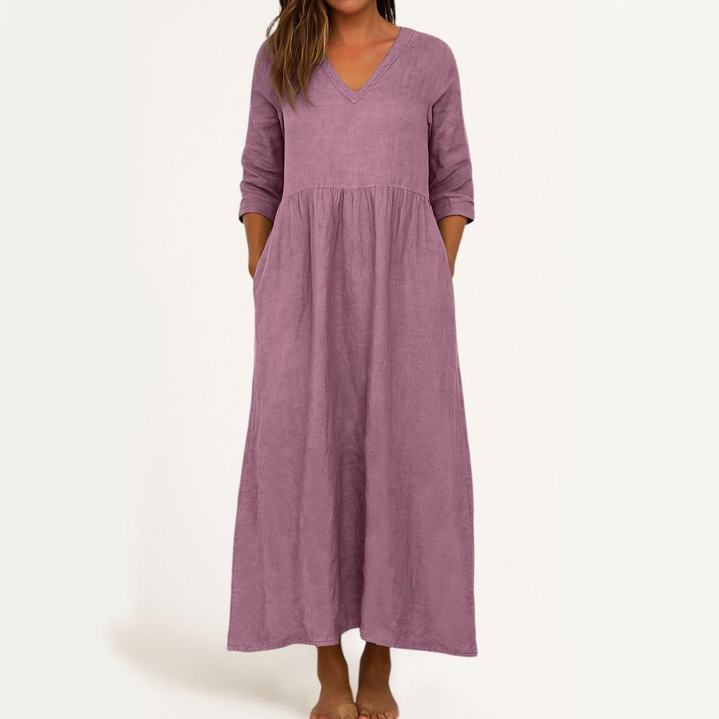 Šaty pro ženy Dlouhé boho plážové šaty Elegantní maxi šaty Výstřih do V 3/4 rukávové šaty s kapsami
