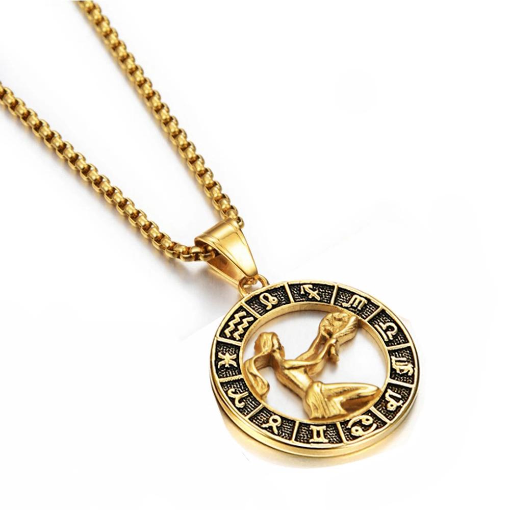 Gold Stainless Steel Zodiac Necklace Leo Scorpio Pendant for Women Men 12 Constellation Round Charm Jewelry Gift