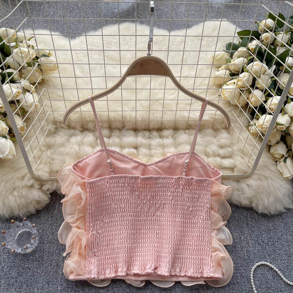 Summer Women's Camisole French Mesh Three-dimensional Flowers High Waist Short Camisole Vest Chic Wrap Tops