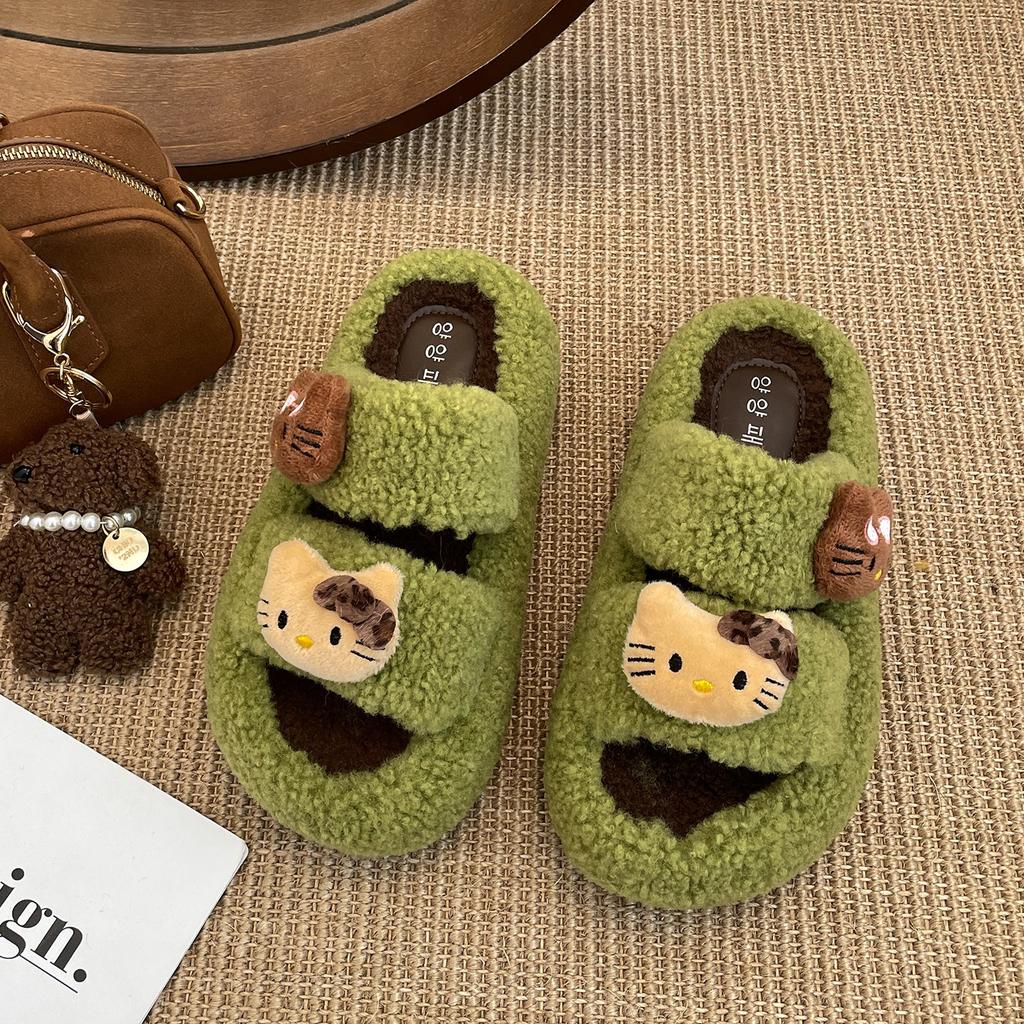 Cute cartoon black non-slip thick-soled fluffy slippers for women's outer wear 2025 new autumn and winter versatile soft bottom one-word drag