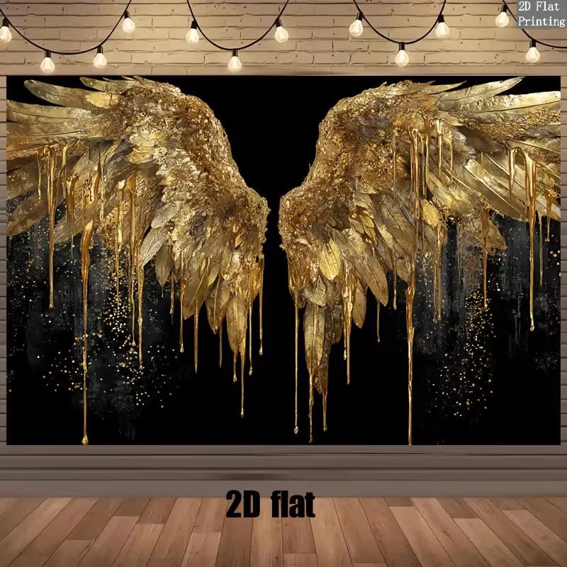 2D Golden Dripping Angel Wings Backdrop Studio Decor Banner