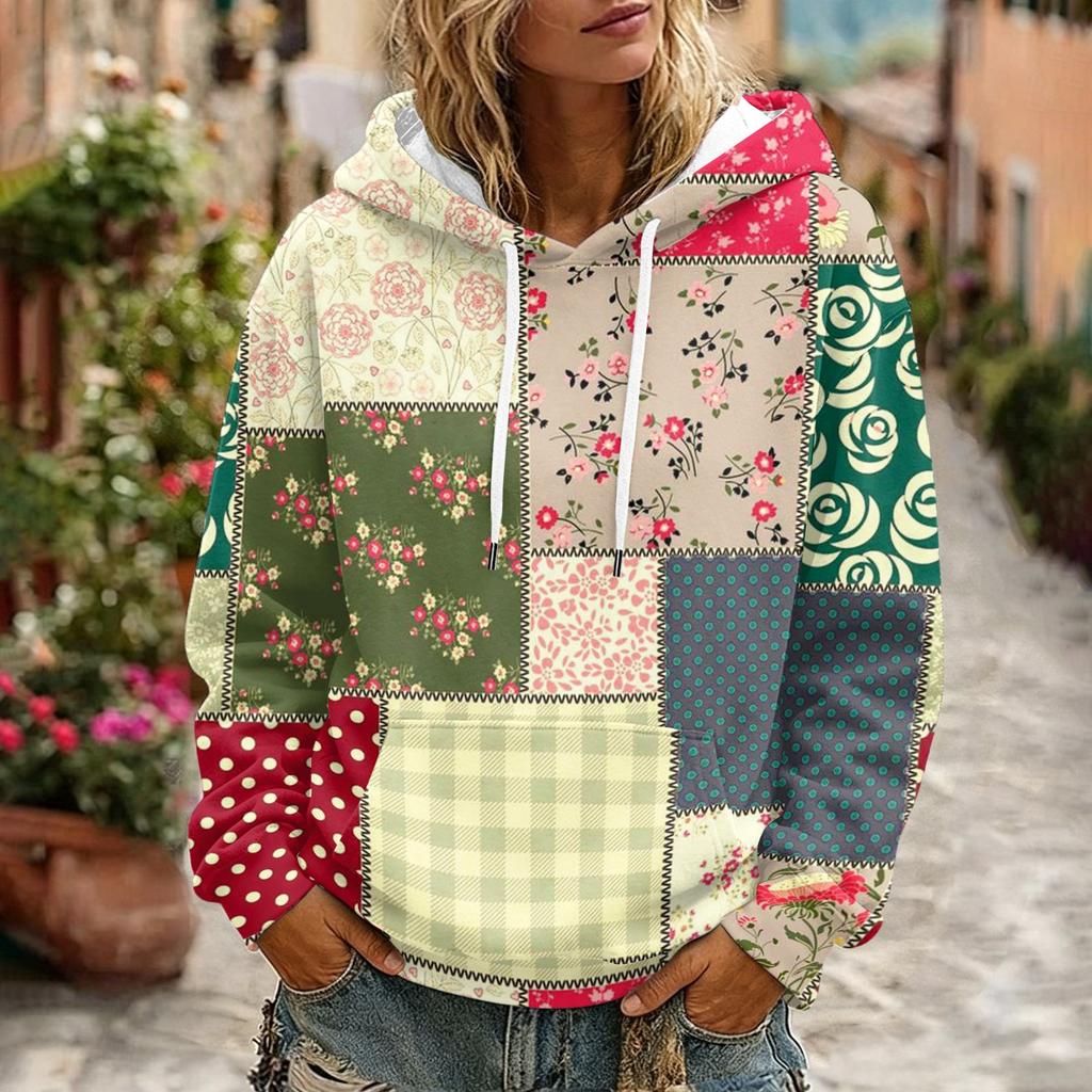 Damen Retro Print Kapuzenpullover mit langen Ärmeln, Taschen und lässiger Passform
