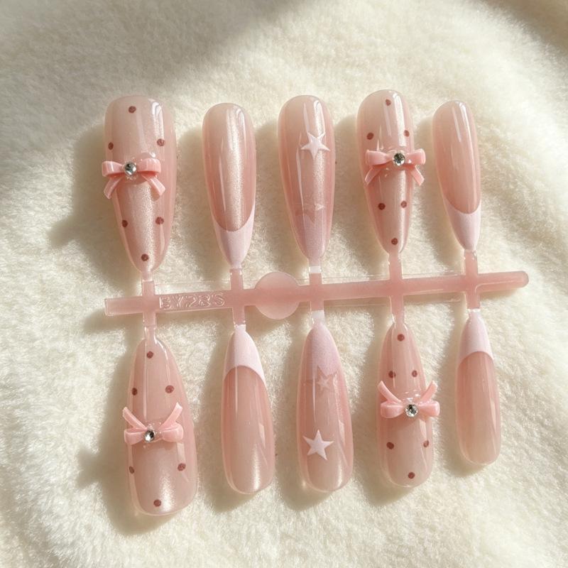 Gentle Nude Pink Cat Eye Press-On Nails with Glass Beads, Luxury Bows, Stars & Polka Dots