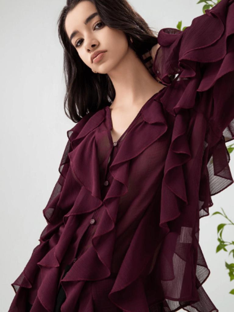 European and American V-Neck Layered Long-Sleeve Women's Spring/Summer Pullover Shirt