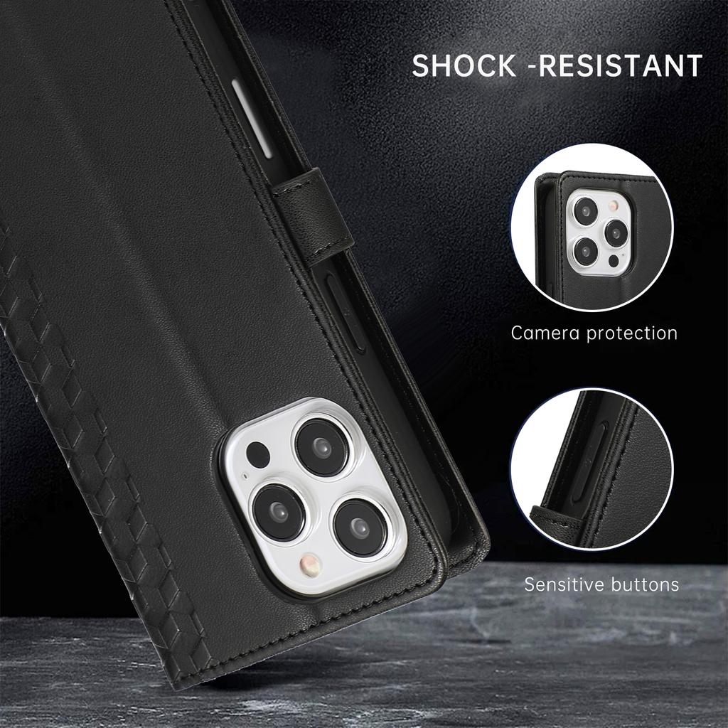 For iPhone 15 Pro Case 3D Rhombus Grid Imprinted Wallet Leather Phone Cover with Lanyard