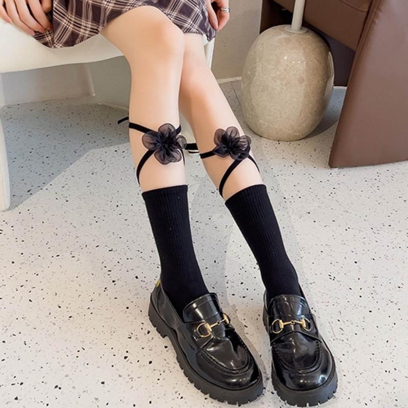 Women's Cotton Crew Socks Cross Bandage Calf Socks Sweet Cute Ankle Socks Lolitas JK Students Girls Knee Socks Hosiery