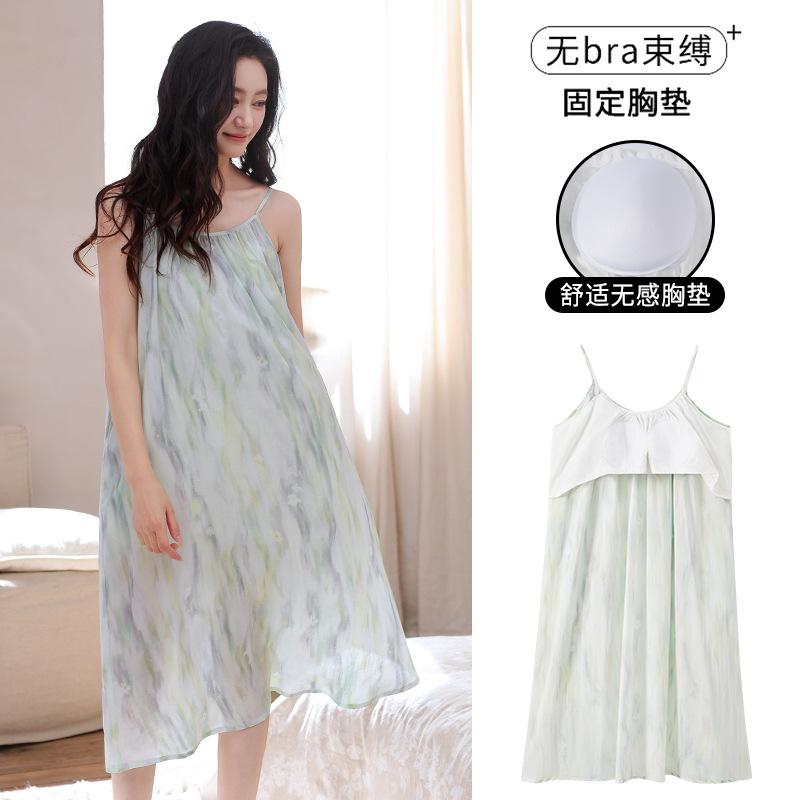 Lyocell cool suspender nightdress women with chest pad summer medium and long thin summer can wear Tencel loungewear