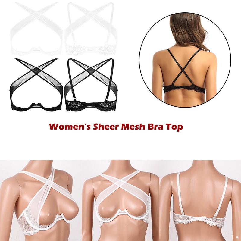 Women's Bra Sheer Mesh Lingere Adjustable Spaghetti Shoulder Straps Crisscross Front Underwired Bra Top