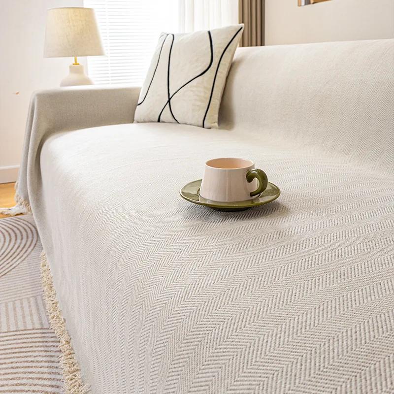 Chenille Sofa Cover Solid Color Striped Design Multi-use Machine Washable Sofa Towel Skin-friendly Wrinkle-resistant