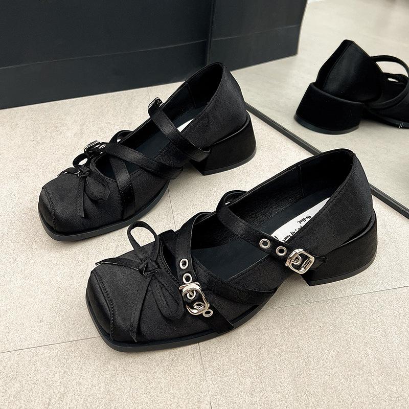Fashion Mid Heel Belt Buckle Bow Square Toe Women's Lolita Shoes Chunky Heels Women Mary Jane Shoes Size 35-40 Elegant Zapatos De Mujer