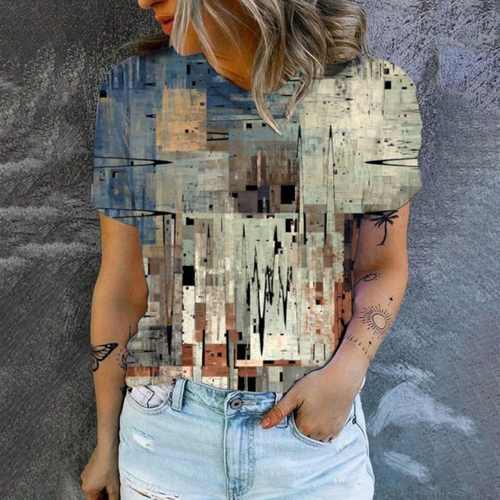 Elegant Women's Round Neck T-shirt Art Graffiti Pattern Fashion T-shirt Summer Leisure Women's Popular Short Sleeved T-shirt