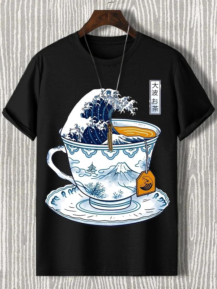 Summer Men's Japanese Teacup Harajuku Pattern Printed 100% Pure Cotton Casual Short-sleeved T-shirt Street Fashion Clothing
