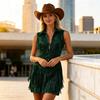 TUMe Vintage Western Bojtos Velúr Ujjatlan Karcsúsított Cipzáros Ruha Női Kora Nyári