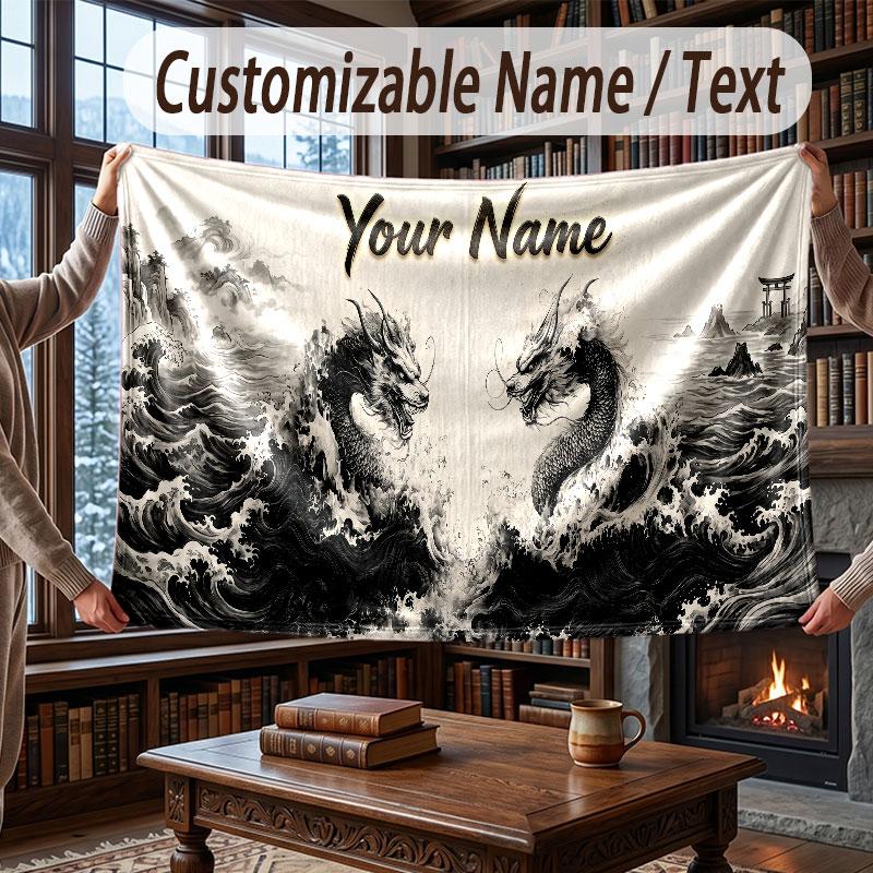 Dragon Theme Throw Blanket Custom Name Text Personalized Blanket Soft Cozy Blanket for Home Sofa Bed