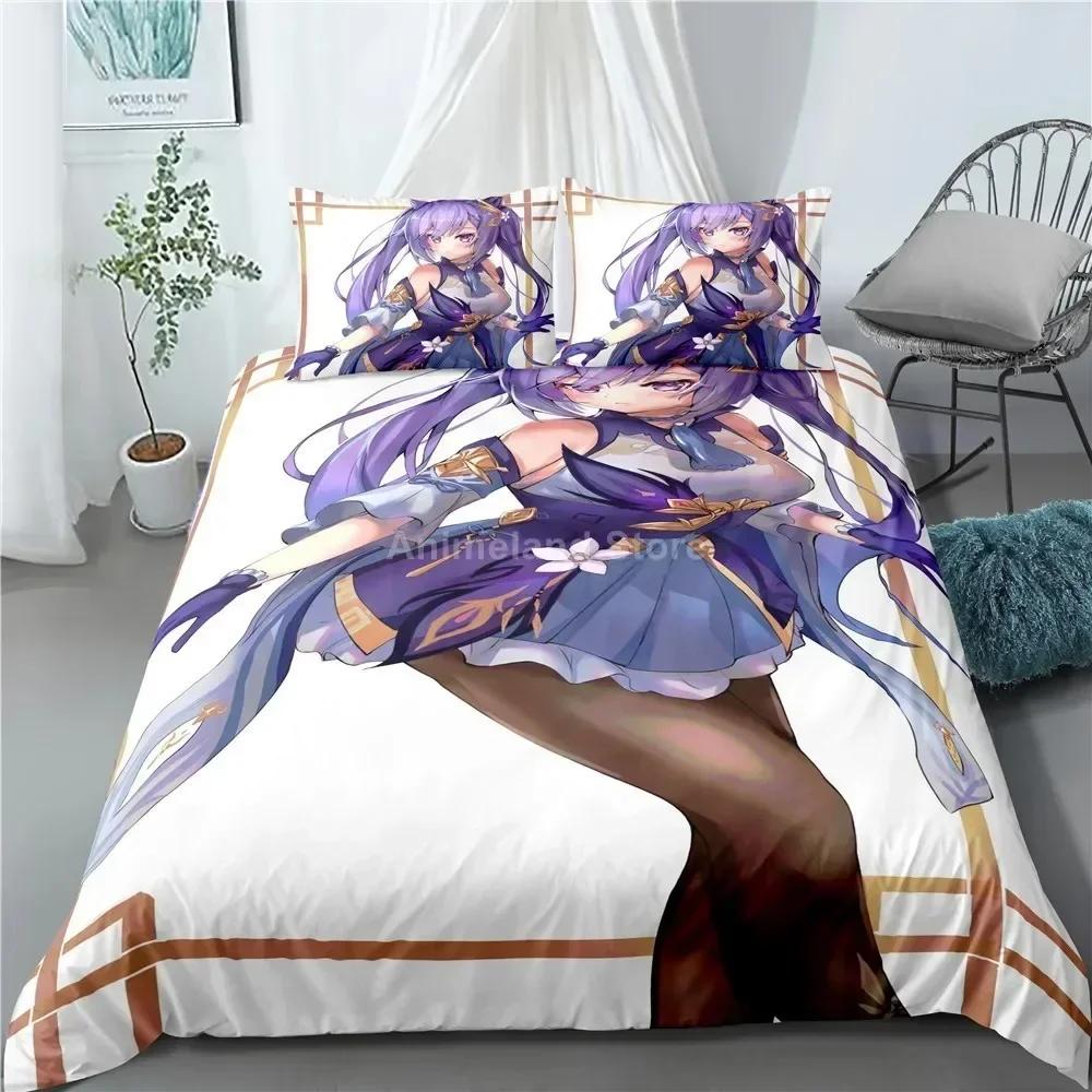 Luxury New 3D Print Keqing Bedding Set Genshin Impact Game Bed Linen Quilt Soft Duvet Cover Sets Home Room Decor Purple