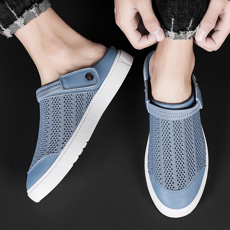 Mesh Half Shoes For Men Mules Flat Board Shoes Slippers Summer Backless Loafers Slippers Man Slides Mens Open-back Casual Shoes