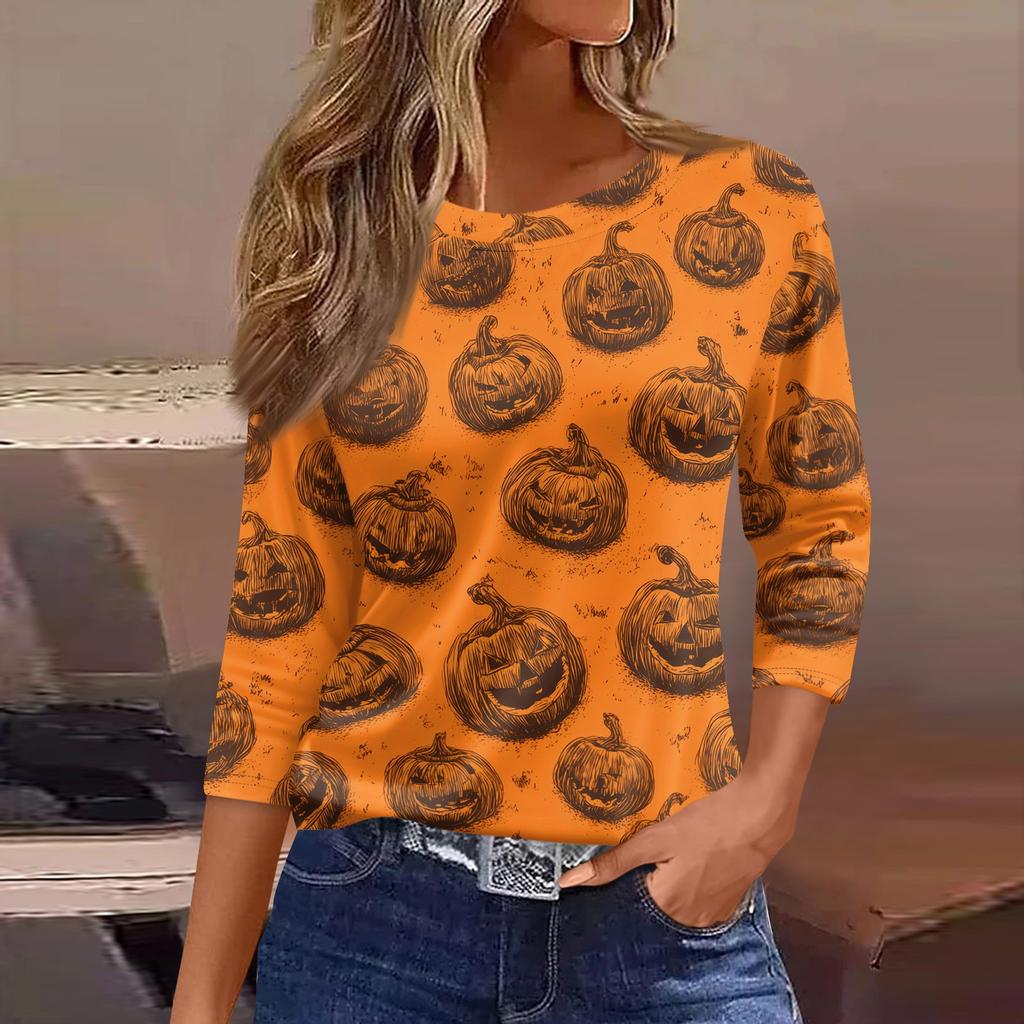 Women's 3/4 Sleeve Casual Loose Fit Round Neck Shirt Halloween Pumpkin Print T-Shirt Comfortable Lightweight Top for Everyday Wear