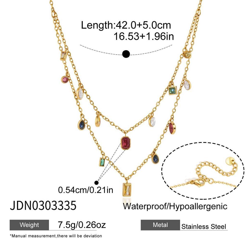 Wonderswan 18K Gold-Plated Stainless Steel Geometric Zircon Double Layer Necklace - Colorful & Luxurious for Women