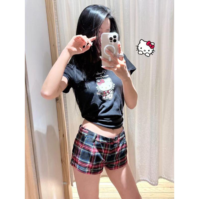 BM Sense American Vintage Red Plaid Low Waist Shorts Women Gyaru Contrast Color Summer Hot Pants All-Match Casual Pants