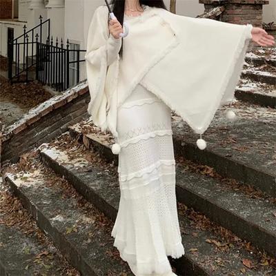 2024 New Fall Winter Fashion White Knitted Mermaid Long Dress O Neck Long Sleeve Tassel Dress Cape Shawl Bottoming Sweater Dress