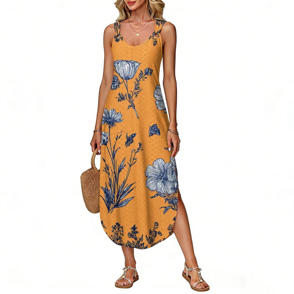 Women's Summer Long Dress, Sleeveless With Side Slits, Long Retro Printed Camisole Dress