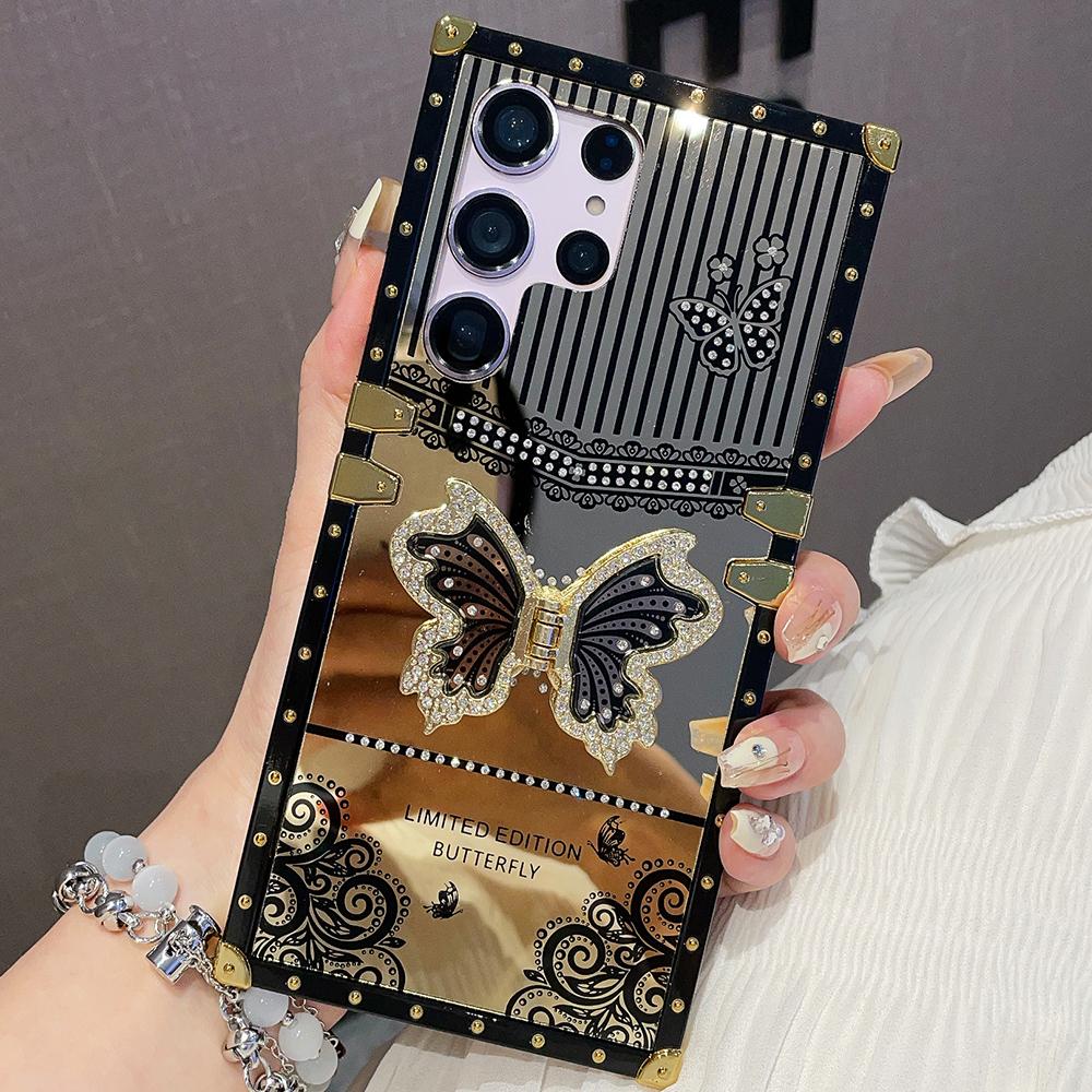 Luxuriöse Handyhülle mit Schmetterlingshalterung und Diamanten für Samsung S24 Ultra S23 Plus S22 S21 A24 A73 A72 A54 5G A53 A34 A32 A22 A13 Cover