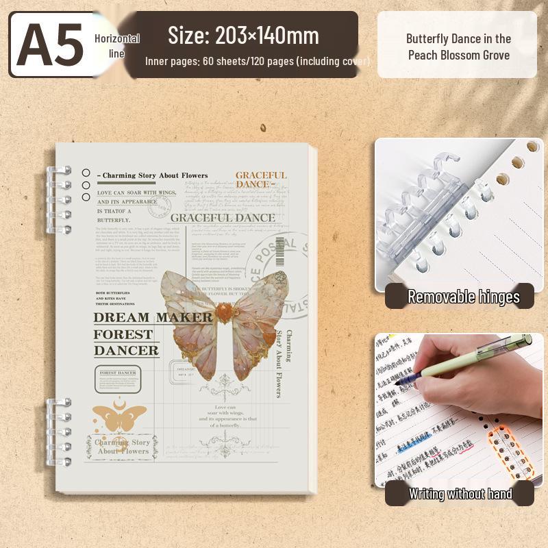Butterfly Retro English Loose-Leaf Binder: A5 Lined Inner Core B5 Single Book with OPP Bag Packaging