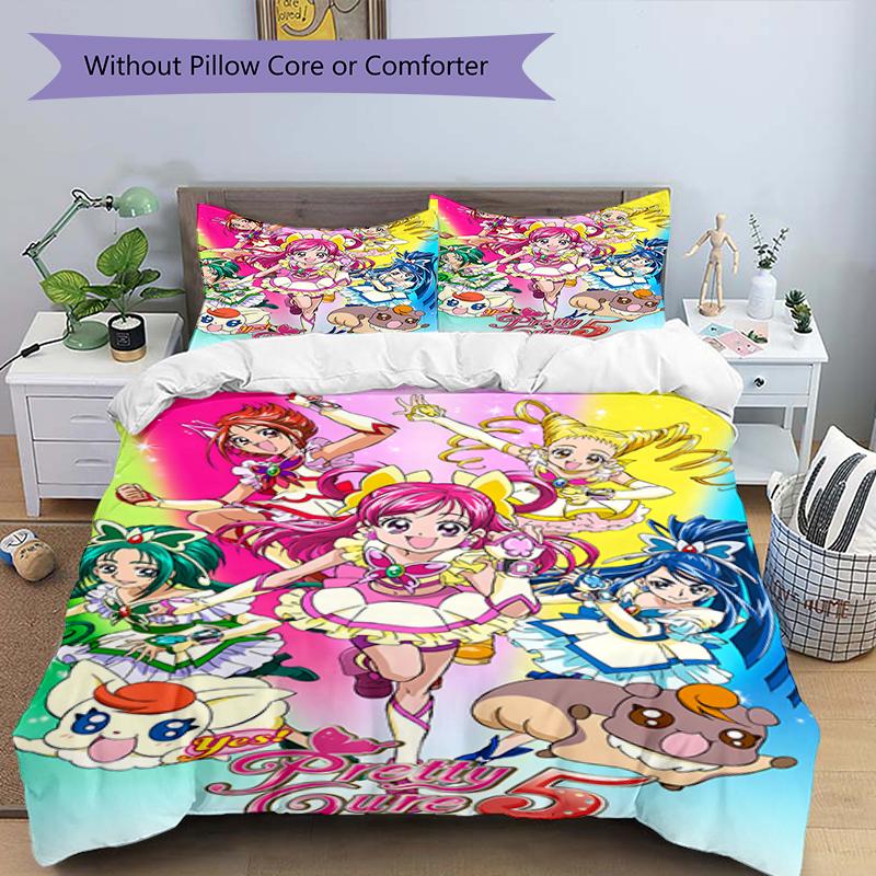 3pcs Pretty Cure2 Design Cover Set - HD Printed Bedding with 1 Cover and 2 Pillowcases - Perfect for Home and Dorm Decor