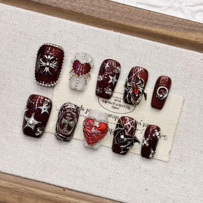 Handmade Gothic Dark Red Metal Embellished Nail Art Tips Women Teens - Cross Tulip Floral Leopard Star Design