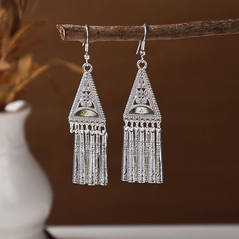 Ethnic Miao Silver Tassel Earrings - Retro Long Dangle Scenic Studs for Women