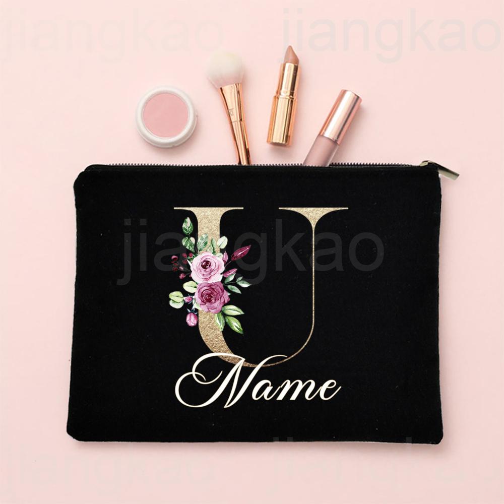 Personalised Letter with Name Makeup Bag Bridal Cosmetic Case Canvas Monogram Toiletry Bags Birthday Wedding Bridesmaid Gifts